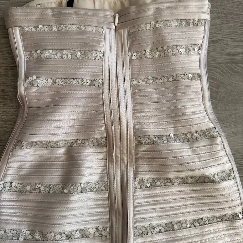 BCBGMAXAZRIA Strapless Mini Bandage Dress Champagne Sequin Size 0 - Picture 7 of 12